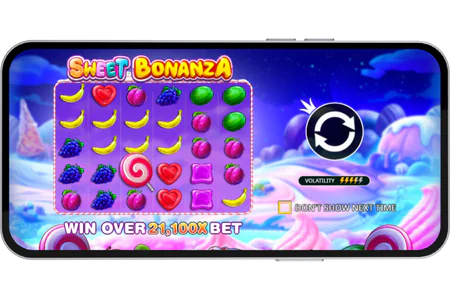 Sweet Bonanza Slot Spielbildschirm mit bunten Bonbons und Früchten